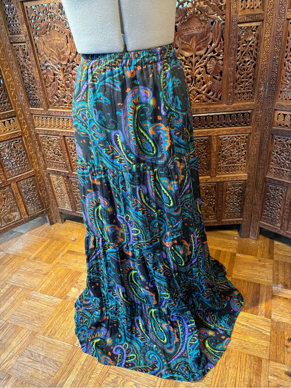 Bobbie Brooks Maxi Paisley Tiered Skirt - Black with Teal & Purple Paisley
